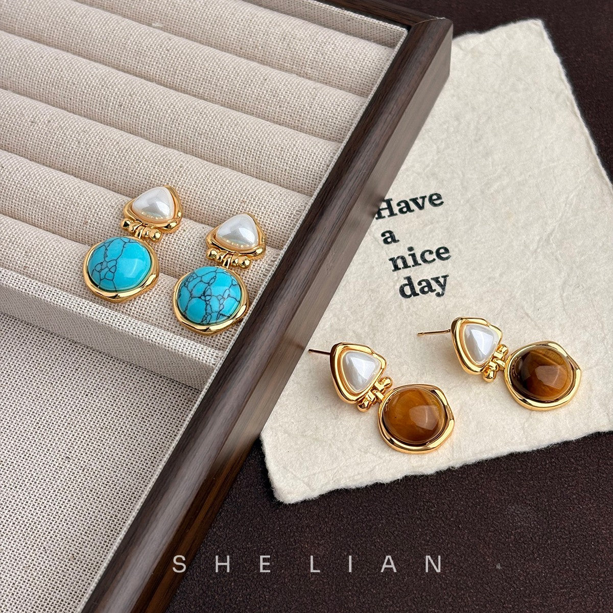 Wholesale Medieval Style Round Tiger Eye Stone Earrings Electroplated Boutique Resale