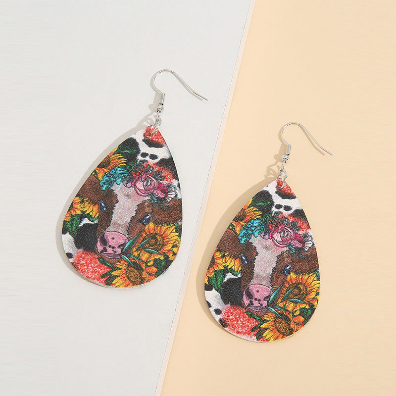 Wholesale Vintage Western Cow Head Rose Sunflower Leather Earrings Fashion Accessory Gift