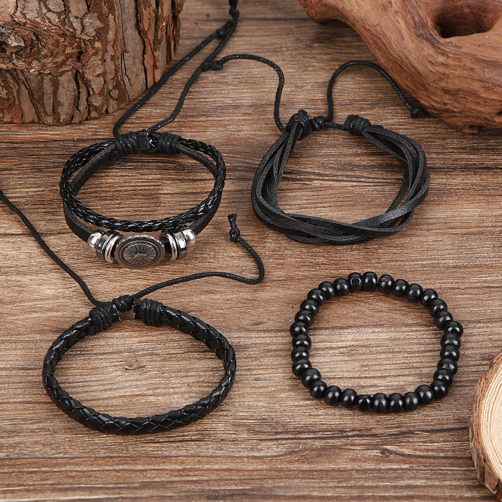 Wholesale Retro Sunflower Alloy Cowhide Braided Bracelet With Wooden Beads Unisex Street Style Wristband Fashion Accessory For Everyday Wear