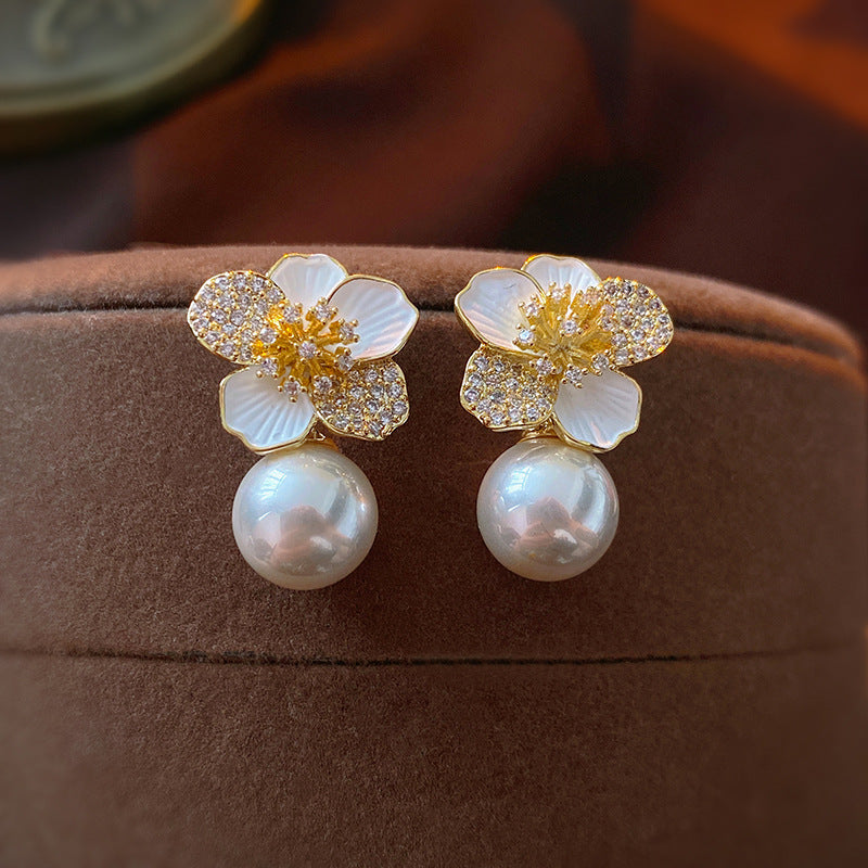 Wholesale  Zircon Flower Pearl 925 Silver Earrings Light Luxury Earrings