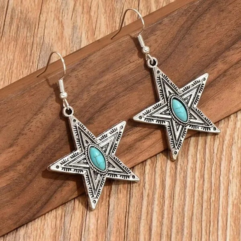 Wholesale  retro creative five-pointed star turquoise earrings