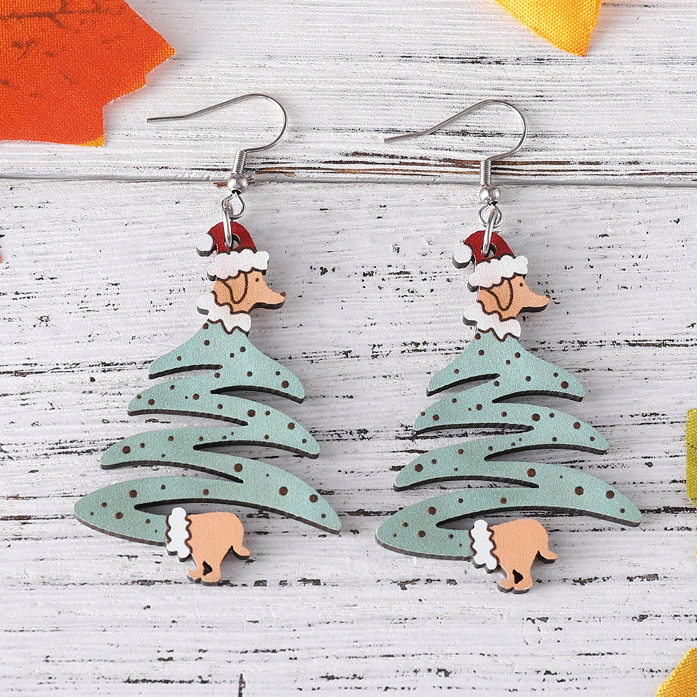 Wholesale Christmas Dog Christmas Tree Pendant Wood Earrings