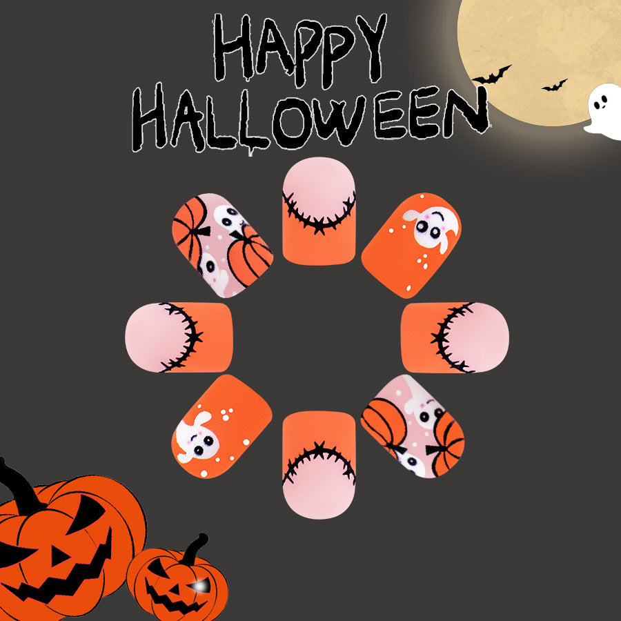 Wholesale 24 Pieces/box Cute Pumpkin Ghost Halloween Frosted Press-on Nails Kits Nail Stickers ACC-NS-GuaiXL071