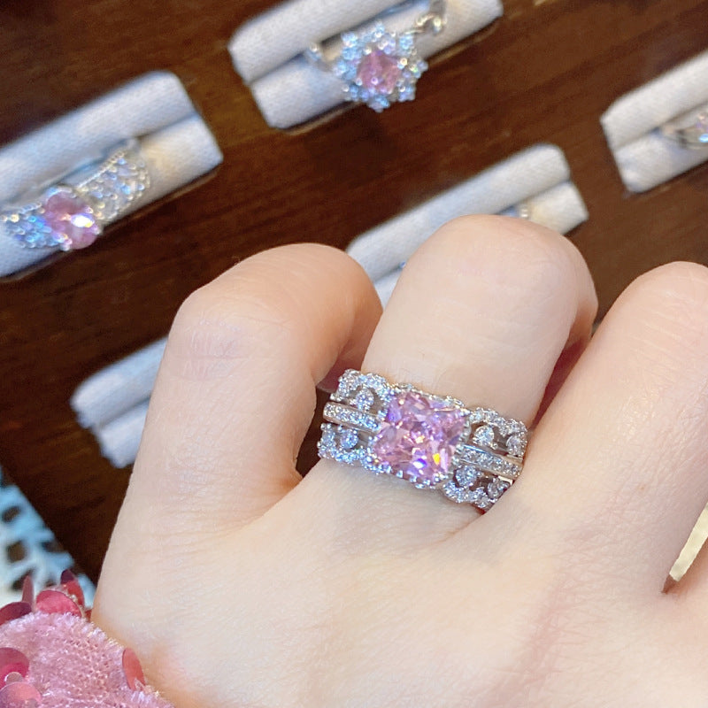 Wholesale Luminous Pink Gemstone Ring 18K Gold Plated Sweet Ring Adjustable Rings ACC-RS-GeLeisi001