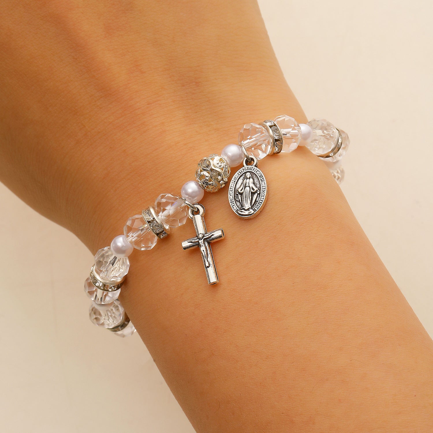 Wholesale Alloy man-made pearl beaded flower and cross Virgin Mary bracelet
