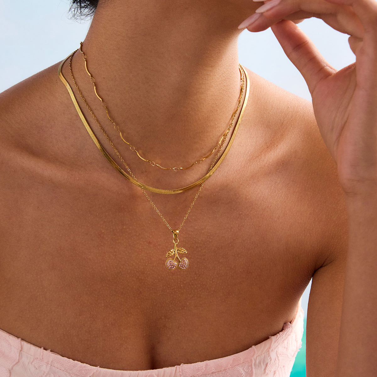 Wholesale 18K Gold Stainless Steel Pink Zircon Cherry Necklace