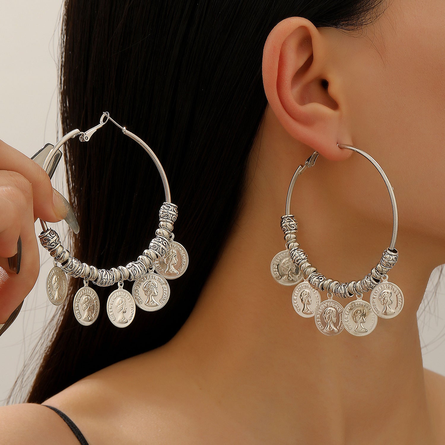 Wholesale Bohemian Vintage Retro Face Relief Large Hoop Earrings For Women Alloy Electroplated Ethnic Style Jewelry Accessory Ancient Silver Finish