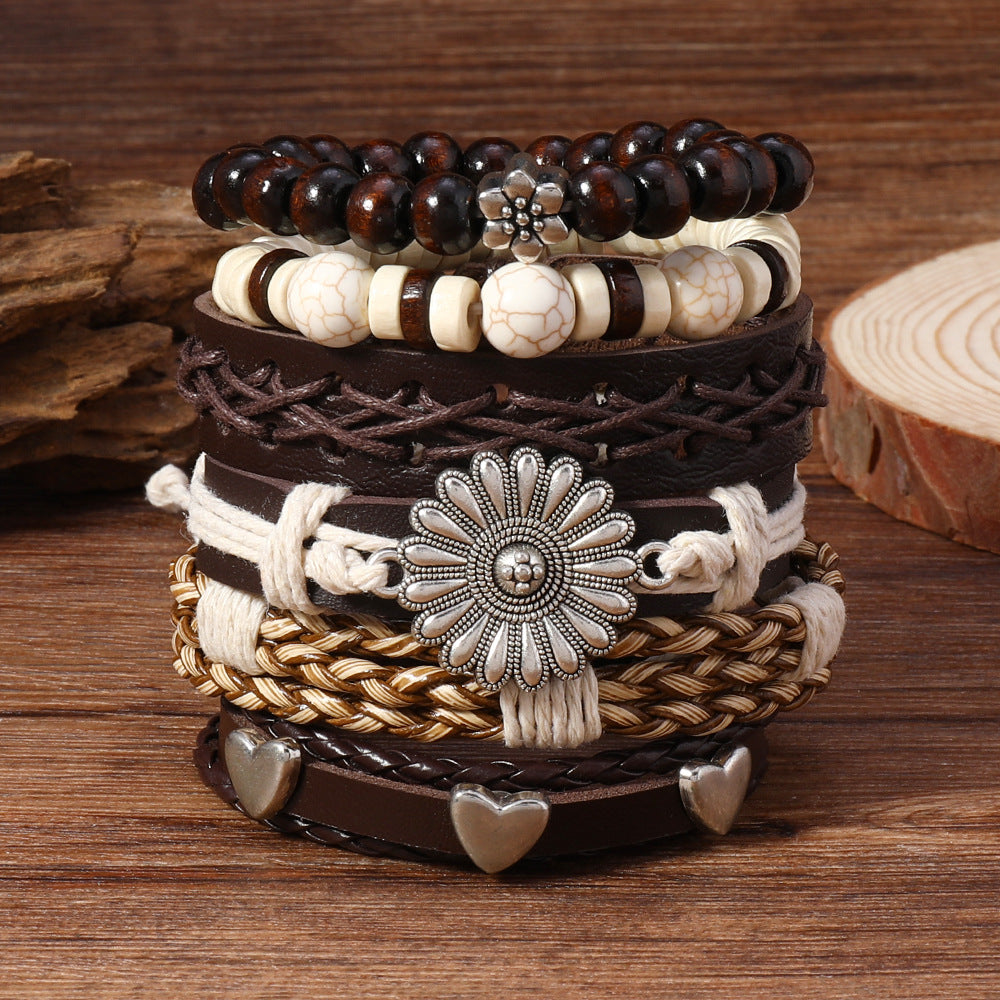 Wholesale Retro Sunflower Handwoven Beaded Bracelet Set 6 Pieces Multi Layer Elastic Leather Fashion Accessory For Party Resale