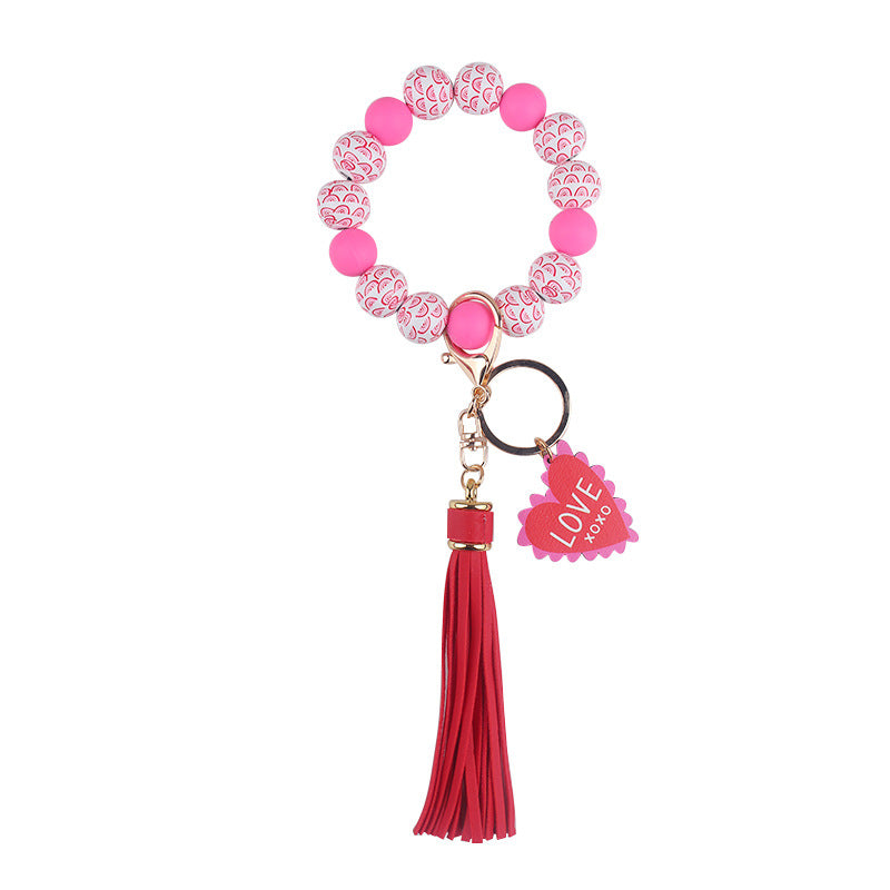 Wholesale Leather PU Tassel Valentine's Day Wooden Beaded Bracelet Keychain
