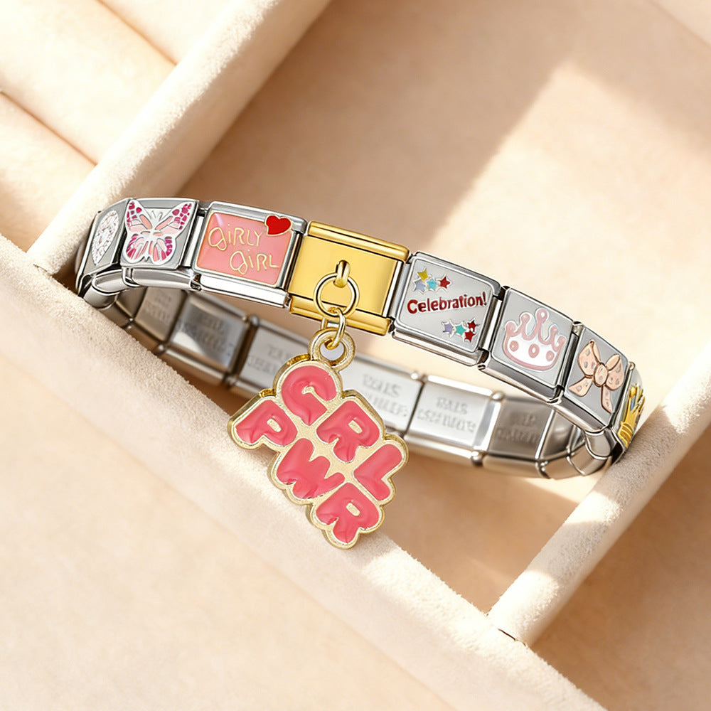 Wholesale Gold Plated Stainless Steel Women S DIY Italian Modular Chain Bracelet With Crown Charm Jewelry Accessory