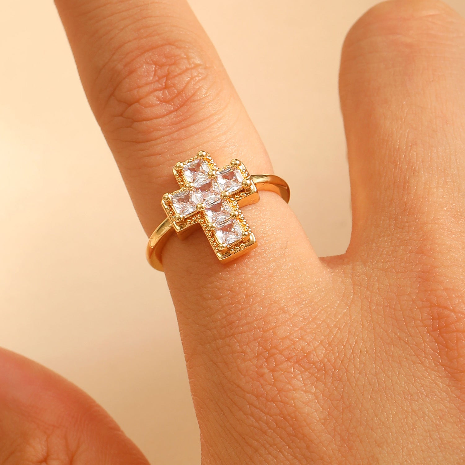 Wholesale Copper-plated open adjustable ring with colorful cubic zirconia cross design