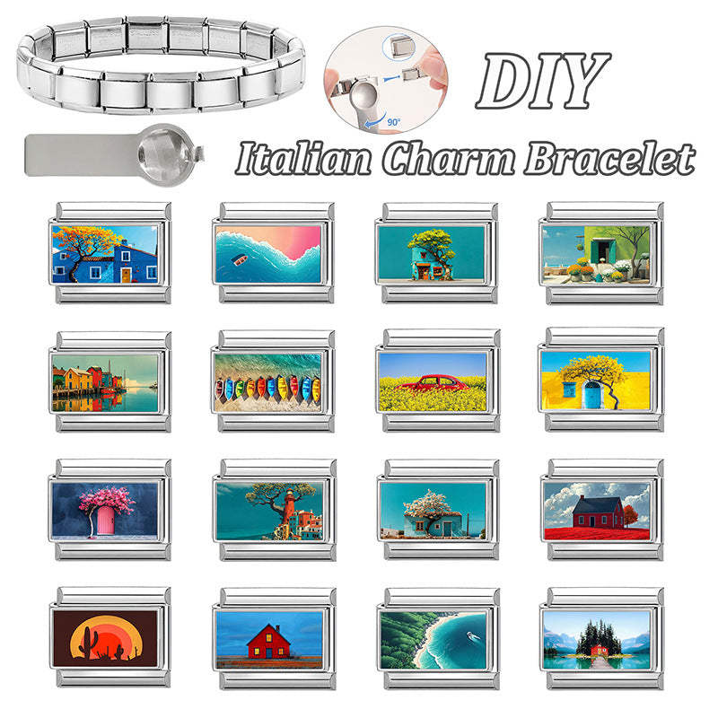 Wholesale Italian Style Landscape DIY Bracelet Charms Stainless Steel Jewelry Making Accessory