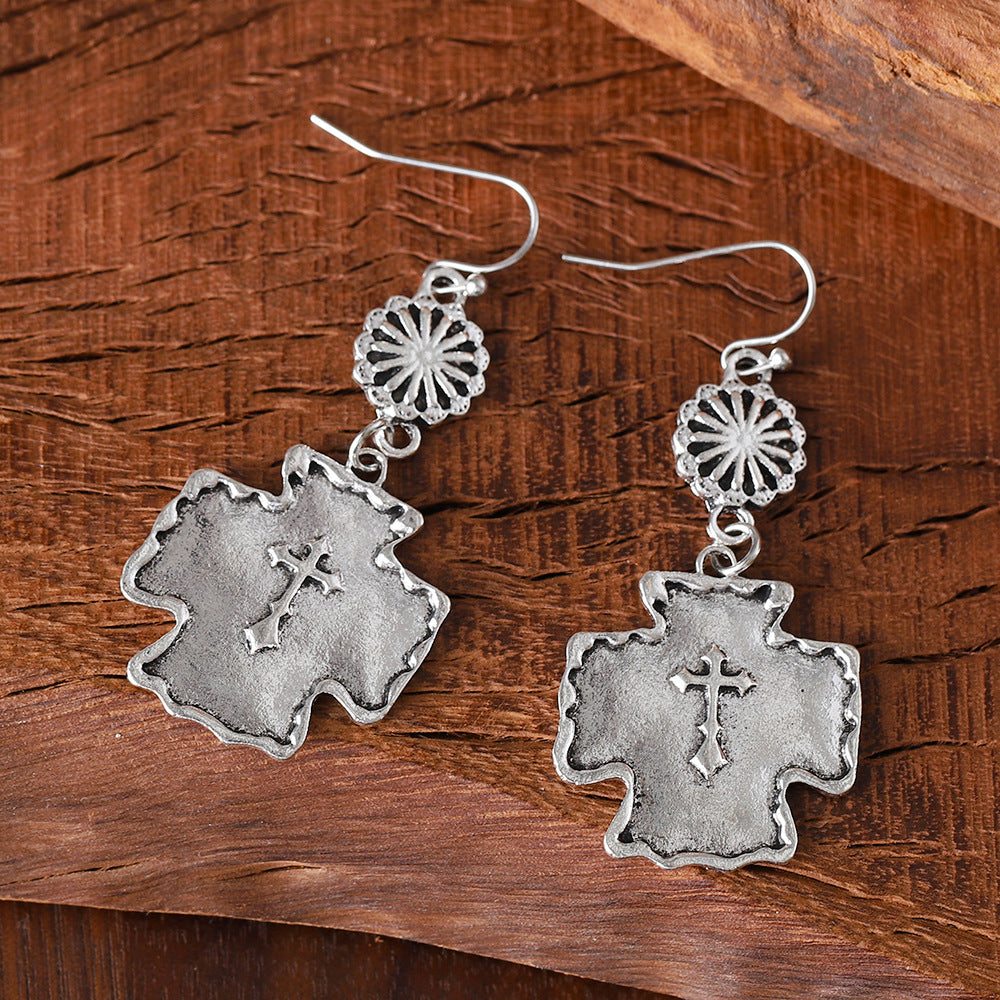 Wholesale Western  Exaggerated Retro Flower Double Cross Earrings