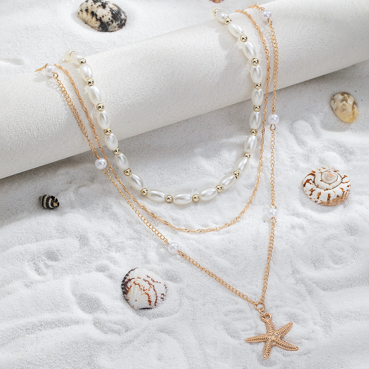 Wholesale Stacking style alloy starfish pendant pearl gold bead three-layer adjustable necklace