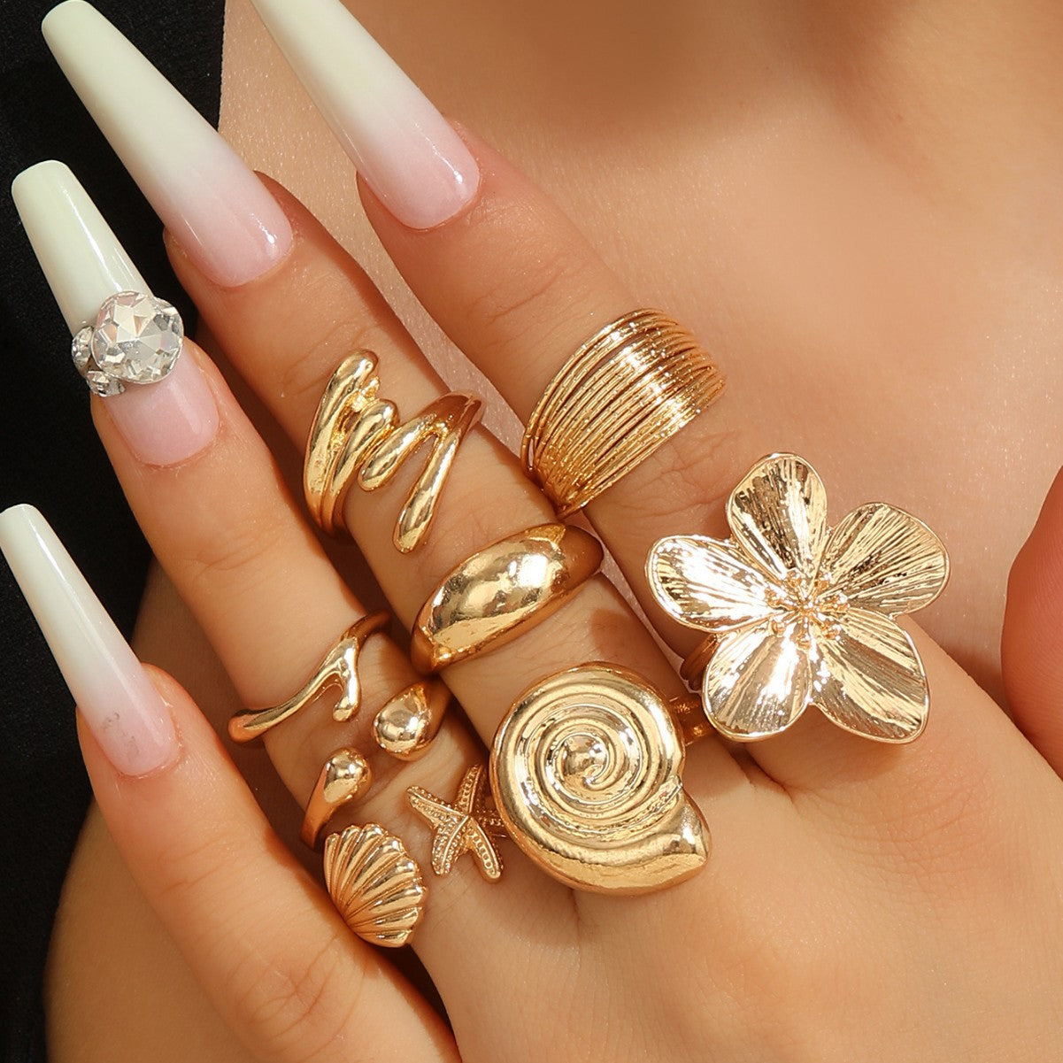 Wholesale 8Pc Gold Floral Women S Rings Set French Chic Zinc Alloy Fashion Jewelry