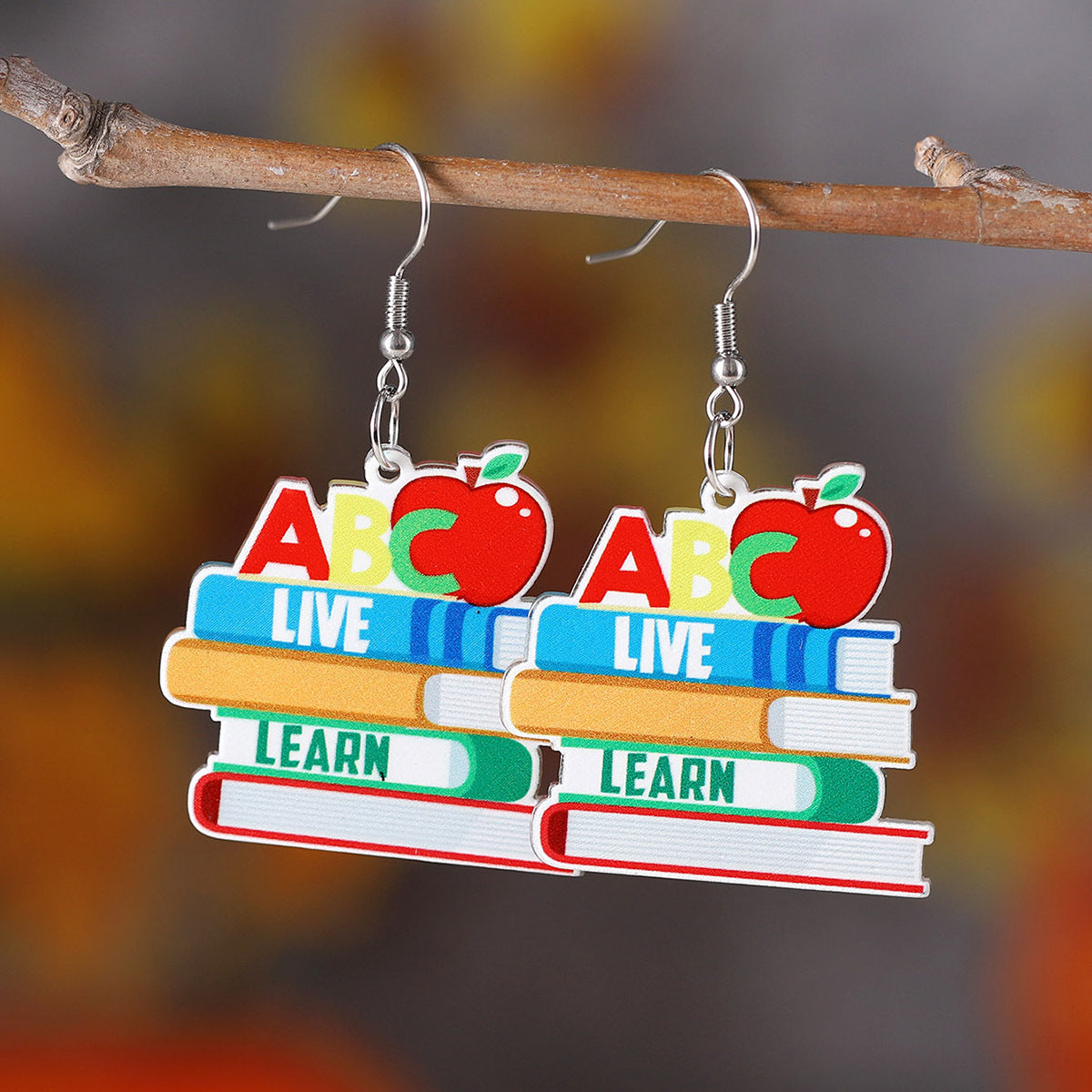 Wholesale School Season Pencil Apple Rainbow Love Ruler Pendant Earrings