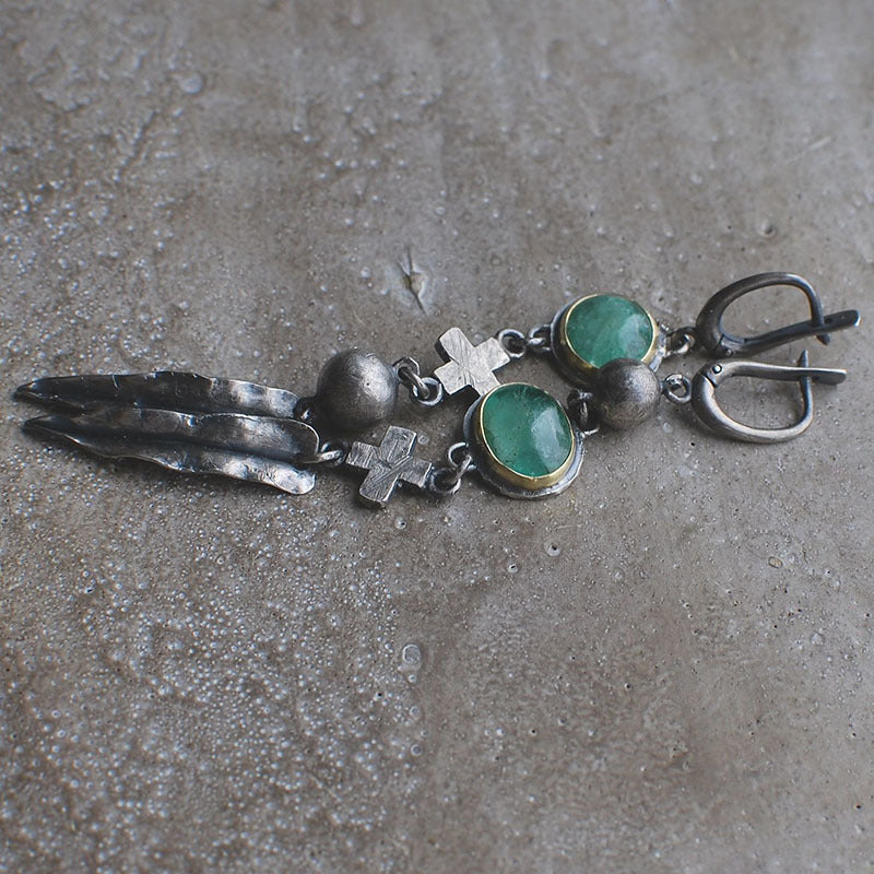 Wholesale Green stone earrings punk cross feather metal pendant tassel earrings