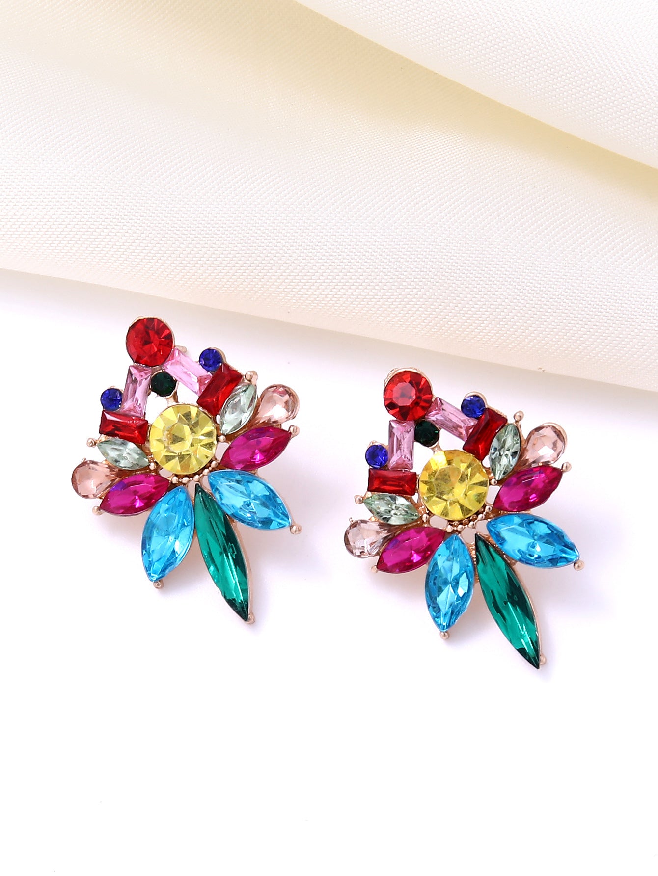 Wholesale European and American Style Colorful Flower Earrings,  Exaggerated Marquise Zircon Earrings,  Niche Design Light Luxury Ear Accessories