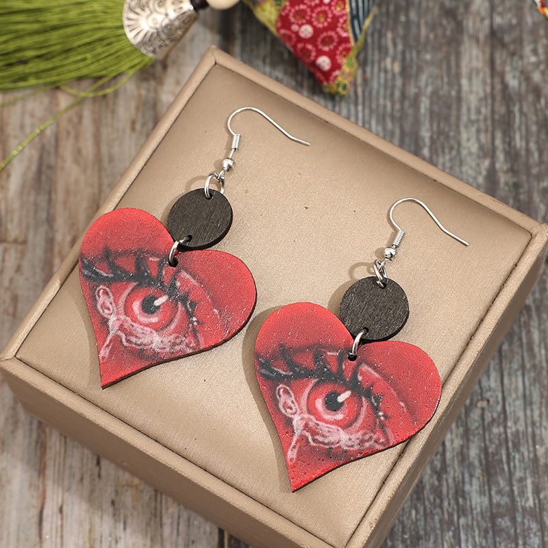 Wholesale Retro style heart-shaped printed horror eyes spliced with small wood pieces wooden earrings
