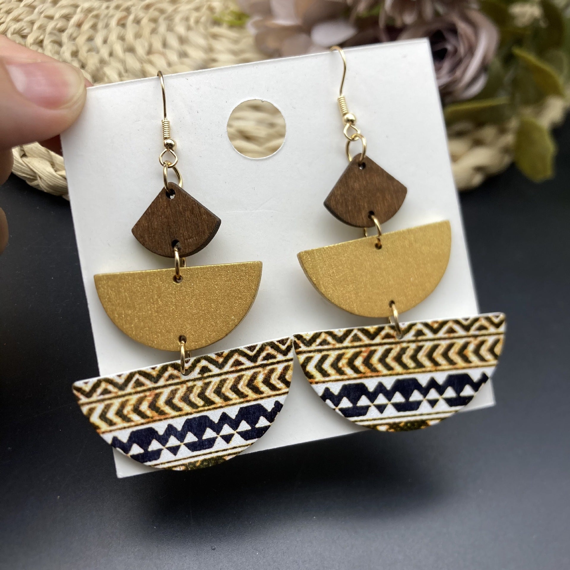 Wholesale Retro Bohemian Wood Paint Pattern Geometric Stitching Earrings ACC-ES-FX074
