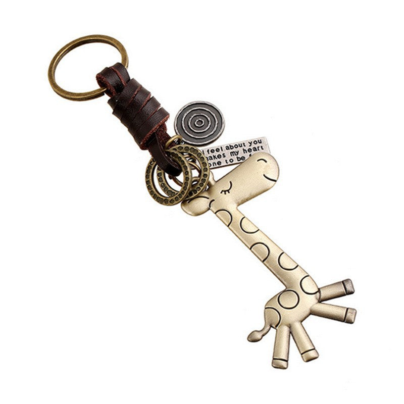 Wholesale  alloy cute giraffe vintage woven leather keychain