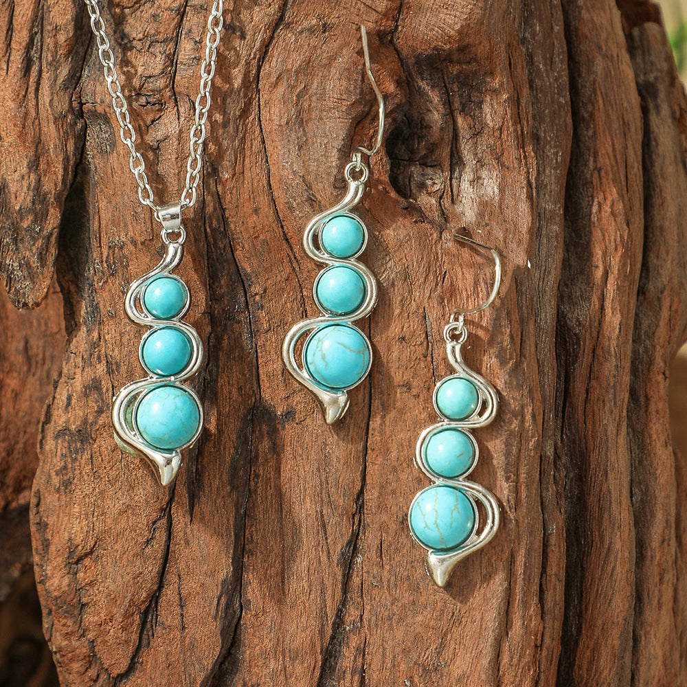 Wholesale Bohemian Vintage Earrings and Necklace Set Turquoise Drop Pendant Jewelry Accessory