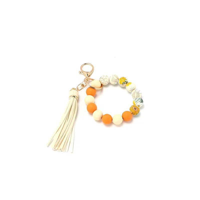 Wholesale Sunflower Printed Tassel Silicone Beaded Wristlet Keychain ACC-KC-JinAn017