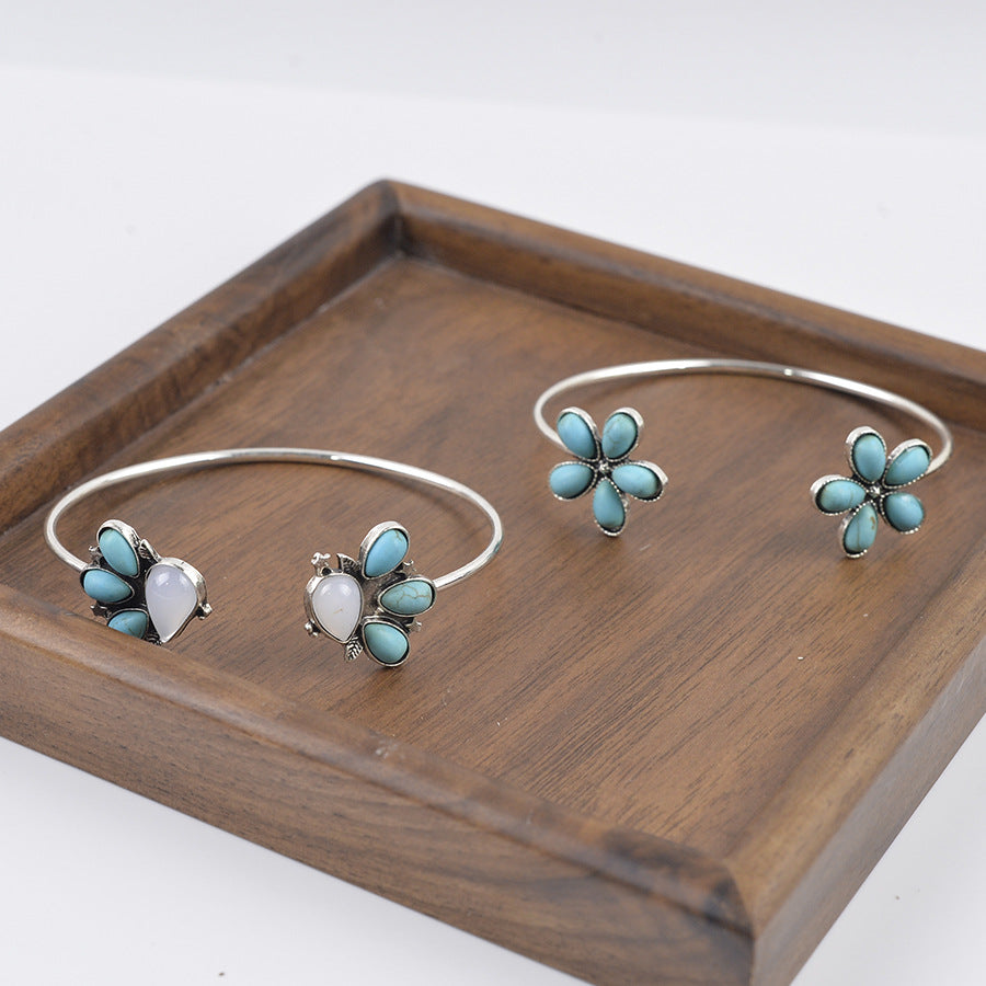 Wholesale Bohemian Open Bracelet Flower Inlaid Turquoise Boutique Resale Jewelry Accessory