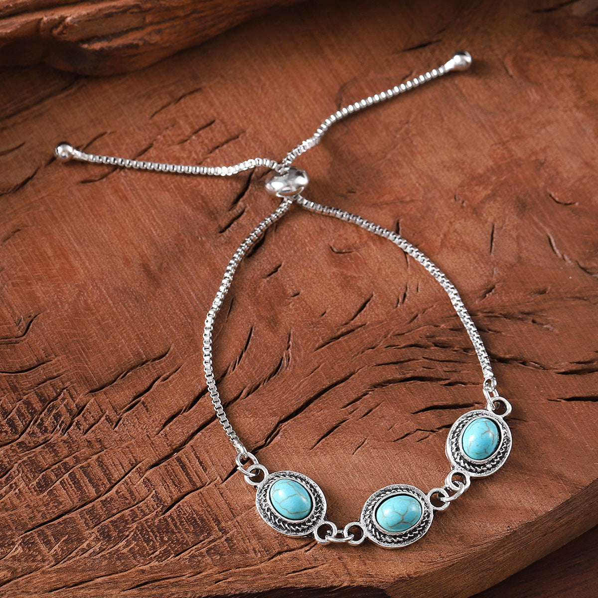 Wholesale Zinc Alloy Electroplated Adjustable Bracelet with Oval Turquoise Inlay Retro Style Jewelry Accessory for Women