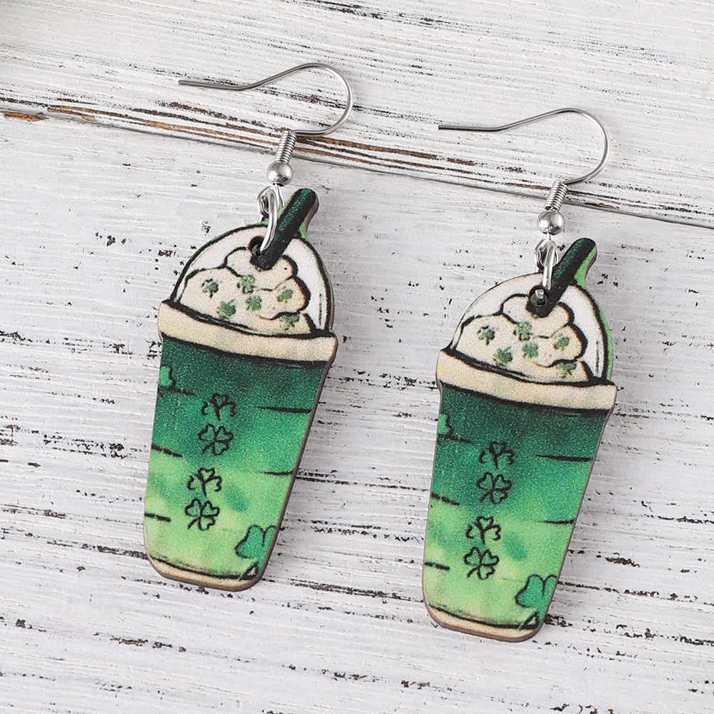 Wholesale St Patrick's Day Clover coffee cup ice cream wooden double-sided earrings