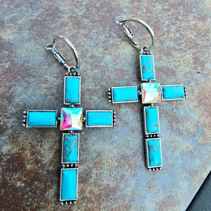 Wholesale w Retro Style Cross Inlaid Turquoise Earrings Bohemian Long Earrings