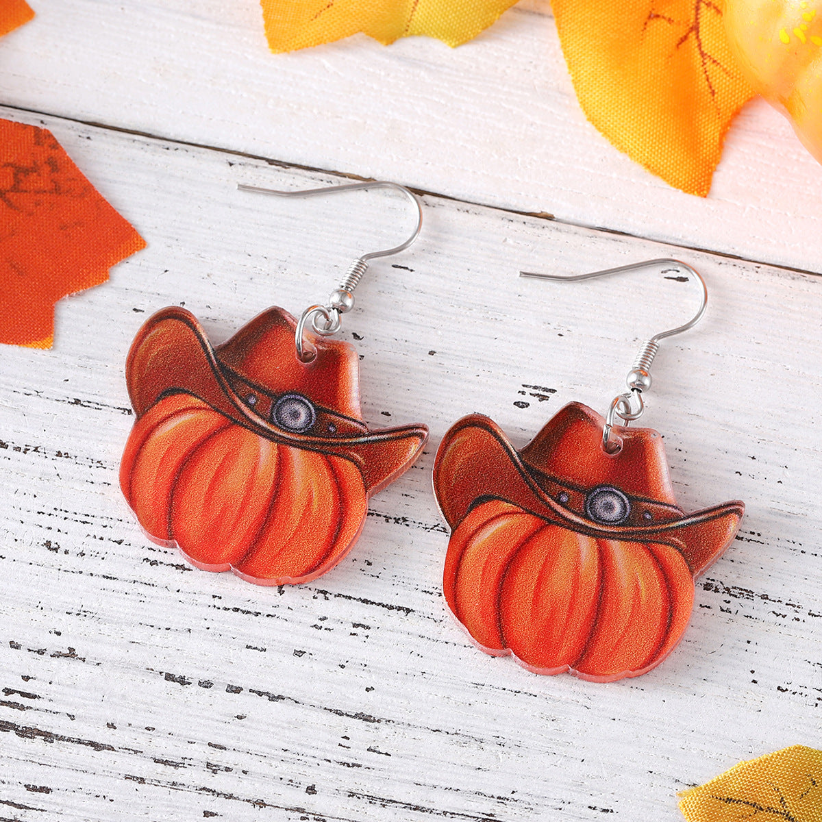 Wholesale Autumn Thanksgiving Western Cowboy Hat Pumpkin Pendant Acrylic Earrings ACC-ES-ChuLian091