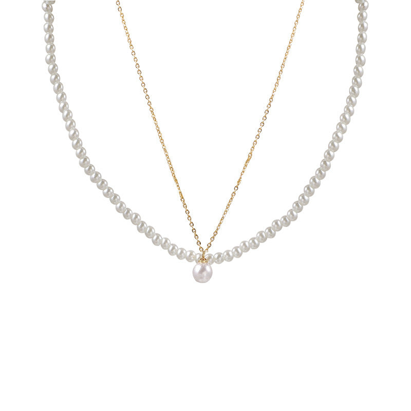 Wholesale Titanium Steel Double Layer Stacked Pearl Necklace  Light Luxury  Necklace