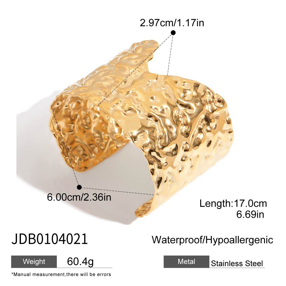 Wholesale 18K gold stainless steel hammered irregular open bracelet