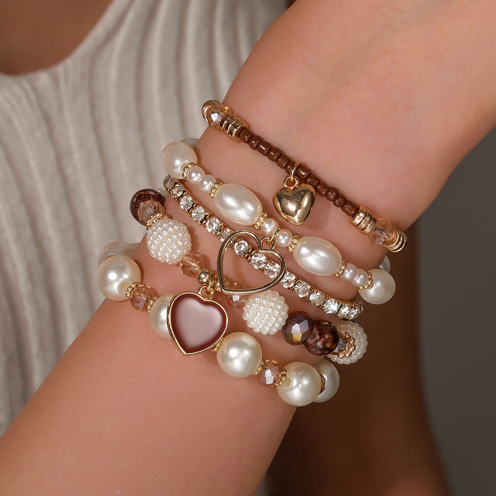 Wholesale Alloy Hand Knit Beaded Bracelet Set,  Bohemian Heart Design Jewelry Accessory for Women