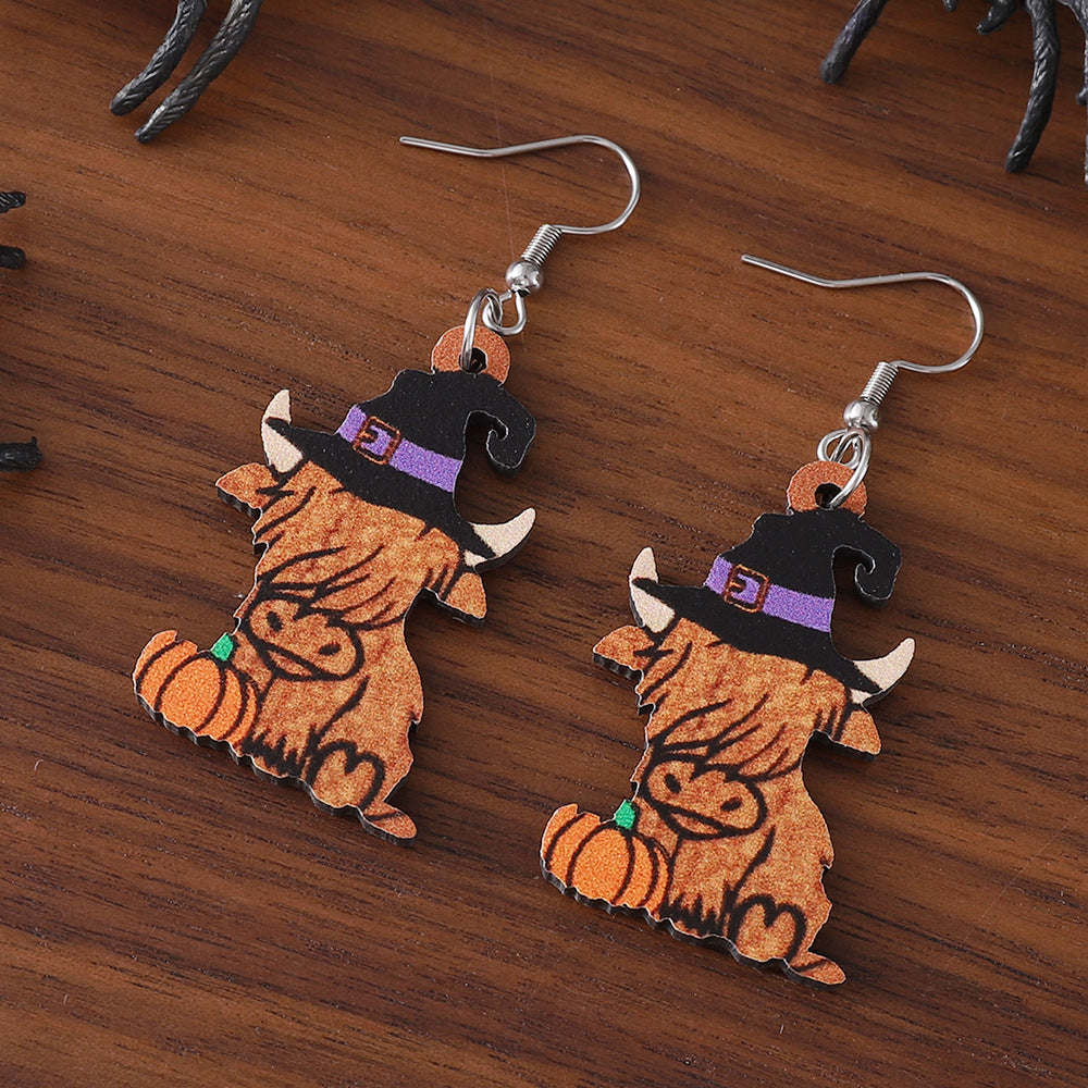 Wholesale Halloween Witch Hat Western Alpine Cow Ghost Face Pumpkin Wooden Earrings ACC-ES-ChuLian043