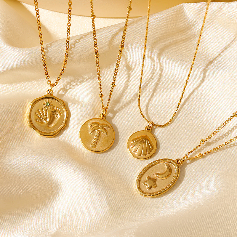 Wholesale Retro Pendant Star Moon Coconut Tree Stainless Steel 18K Gold  Necklace