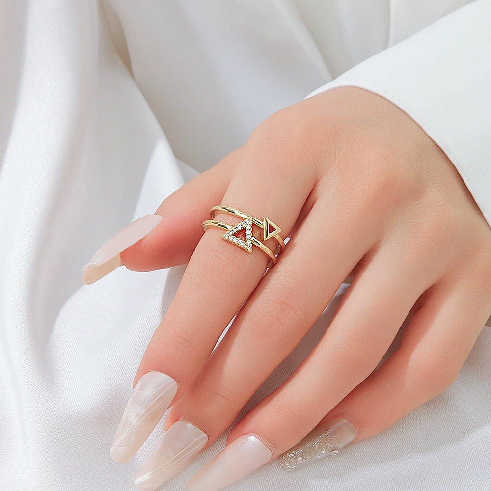 Wholesale Trendy Double Layer Geometric Open Ring Triangle Hollow Design Gold Copper Zircon Women S Everyday Jewelry