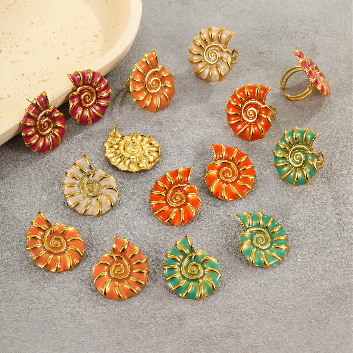 Wholesale  Marine Style  Conch Colorful Oil Dripping Stainless Steel Earrings Rings
