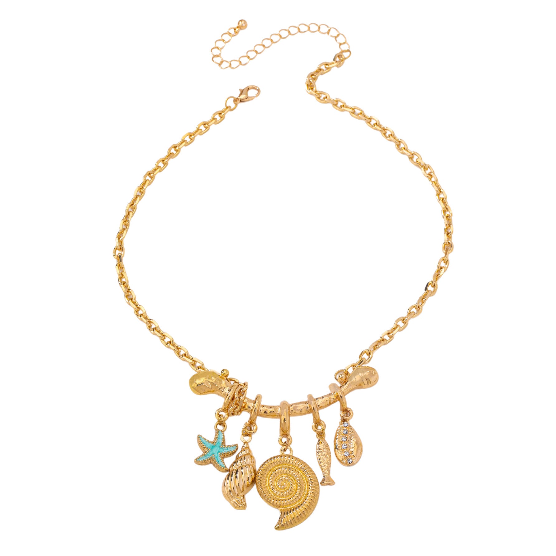 Wholesale Gold Tone Ocean Themed Collarbone Necklace Thick Chain With Starfish Seashell And Fish Charms Vacation Style Boutique Resale Gift