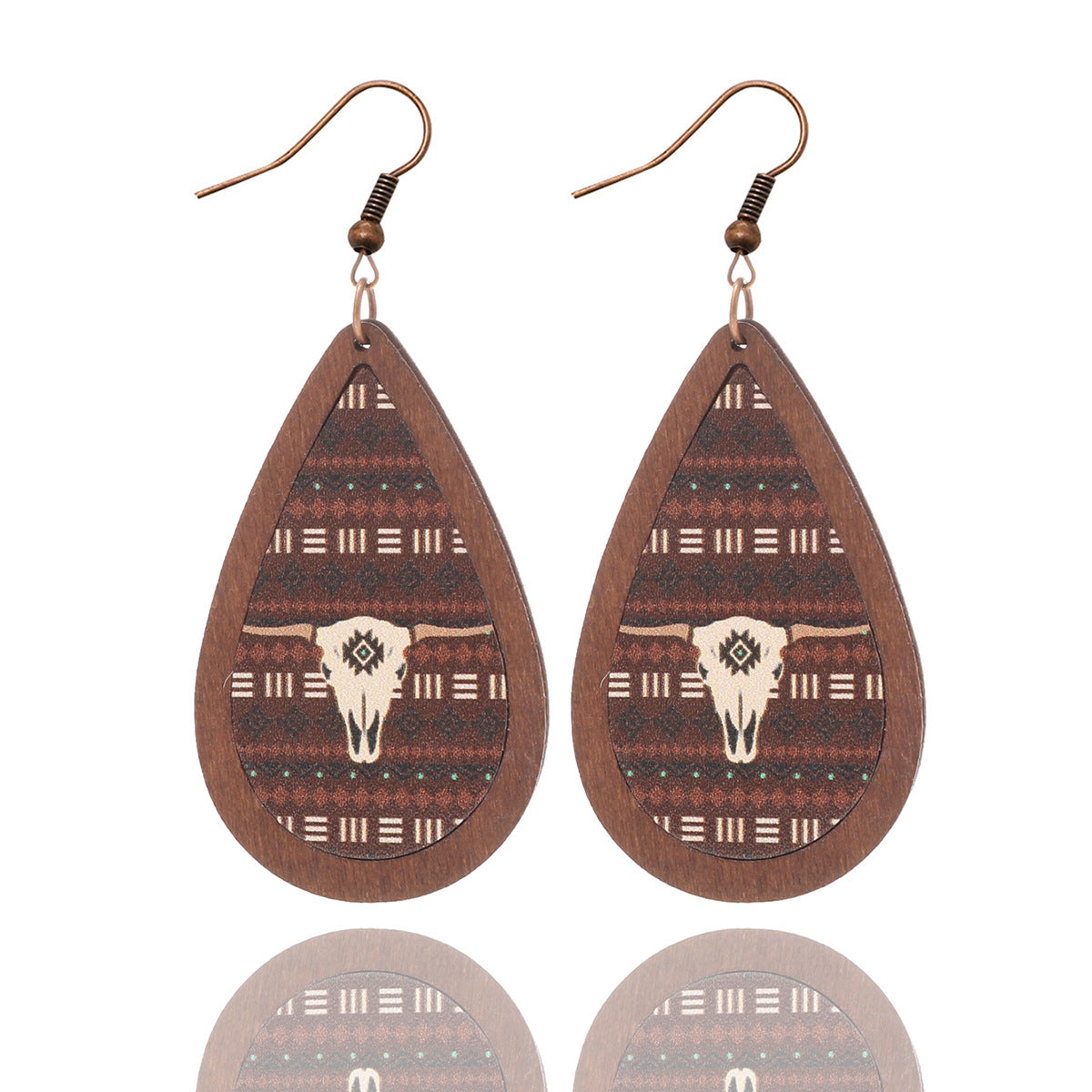 Wholesale Denim Cactus Cow Head Vintage Totem Pattern Leather Wood Earrings