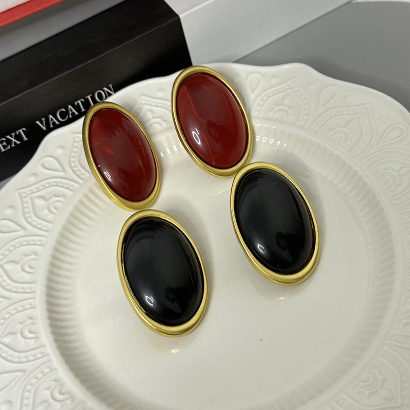 Wholesale  light luxury retro wine red resin oval earrings