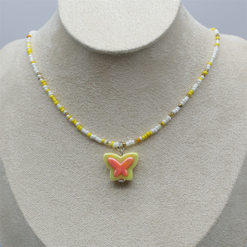 Wholesale Chic Gray Beaded Butterfly Pendant Collarbone Necklace Handmade Women S Fashion Jewelry Accessory For Resale