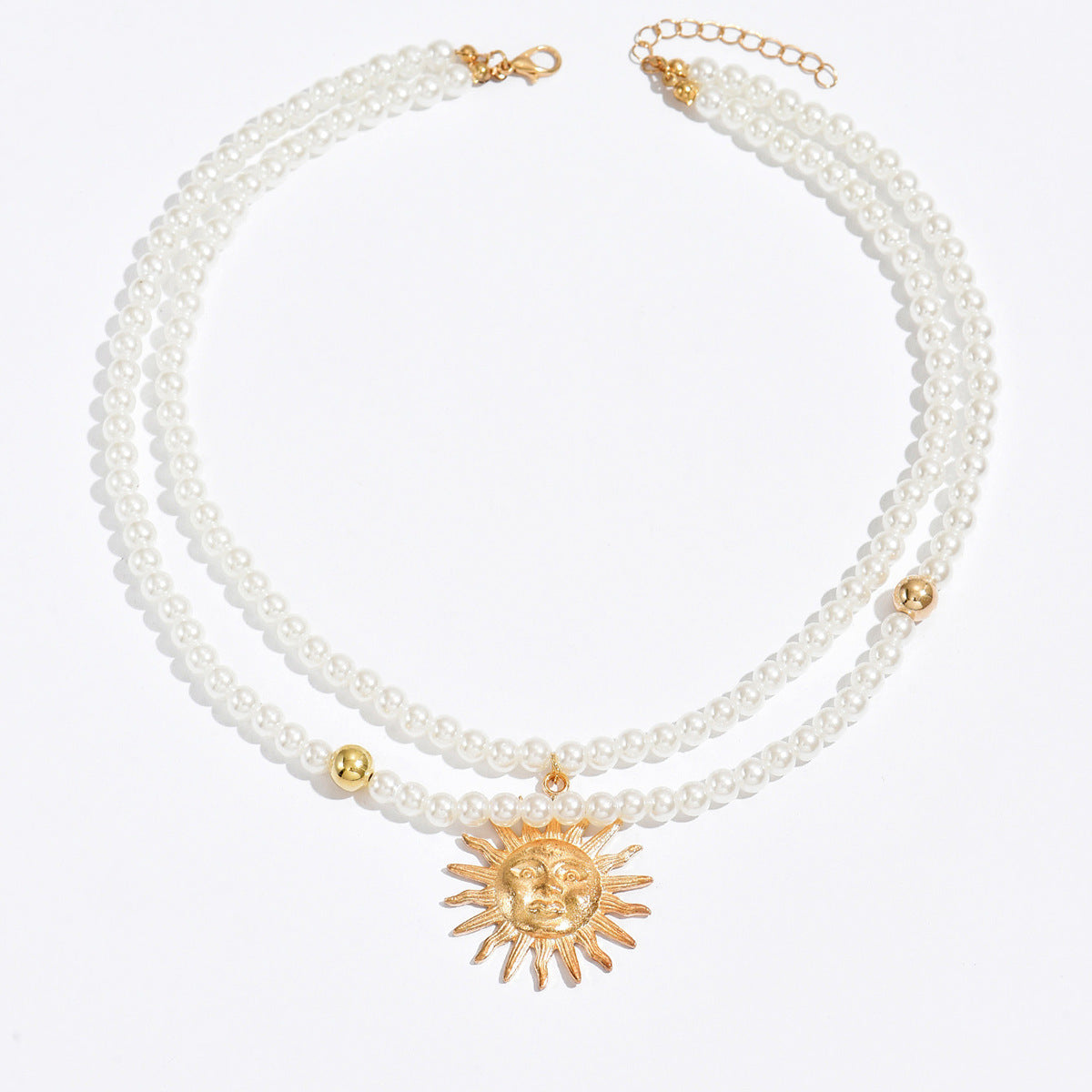 Collar de lujo al por mayor, colgante de sol de cara sonriente retro, cadena de clavícula con cuentas
