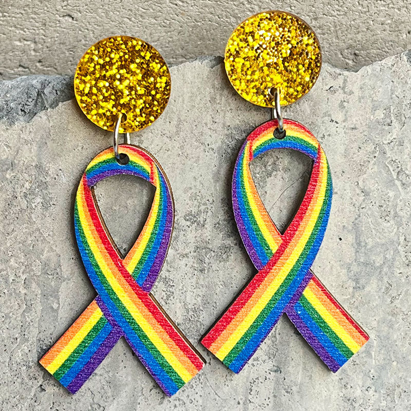 Wholesale 2 Pairs/pack LGBT Rainbow LOVE Ribbon Wooden Earrings ACC-ES-HY062