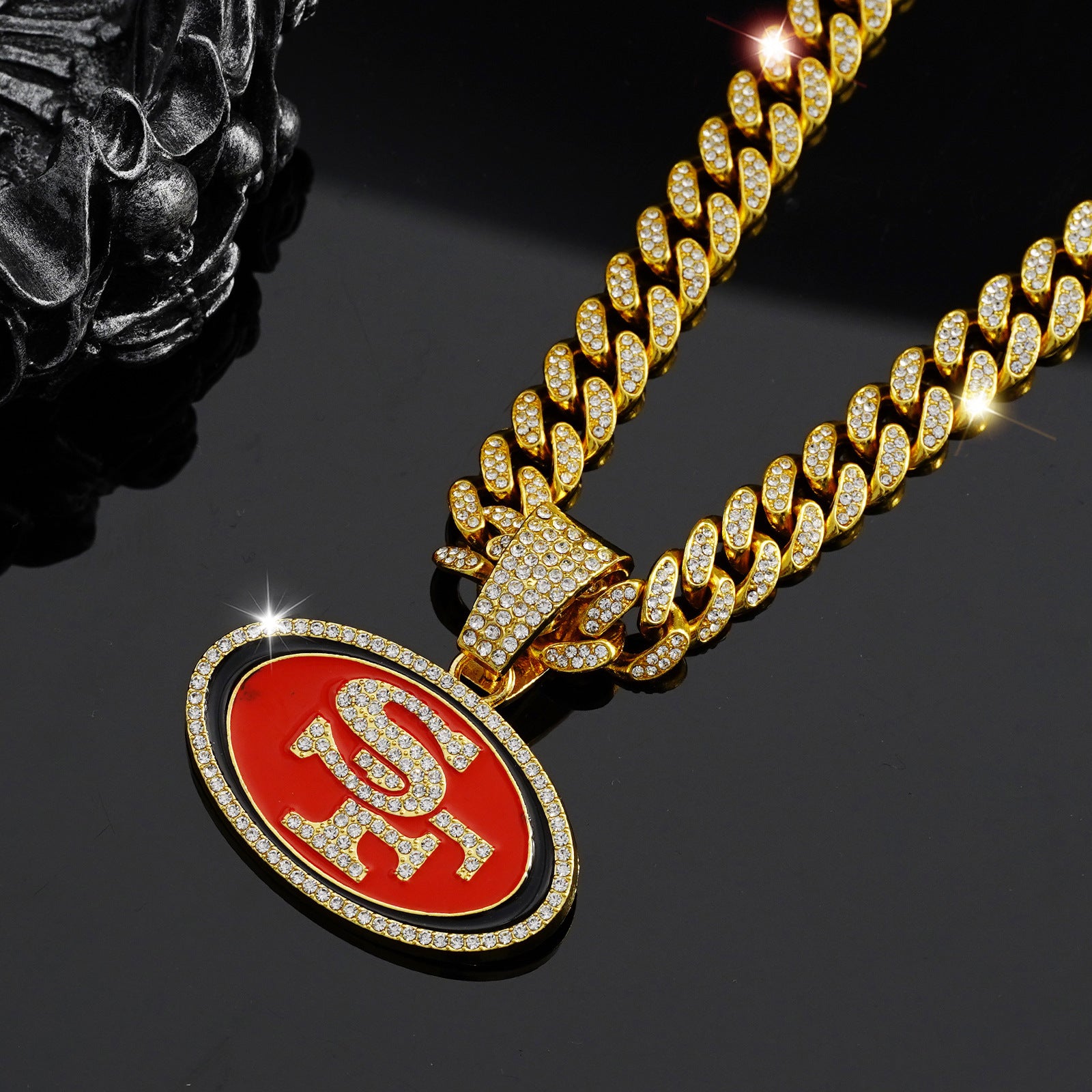 Wholesale Hip Hop Cuban Chain Fashion Diamond Red Drop Oil SF Round Pendant Necklaces