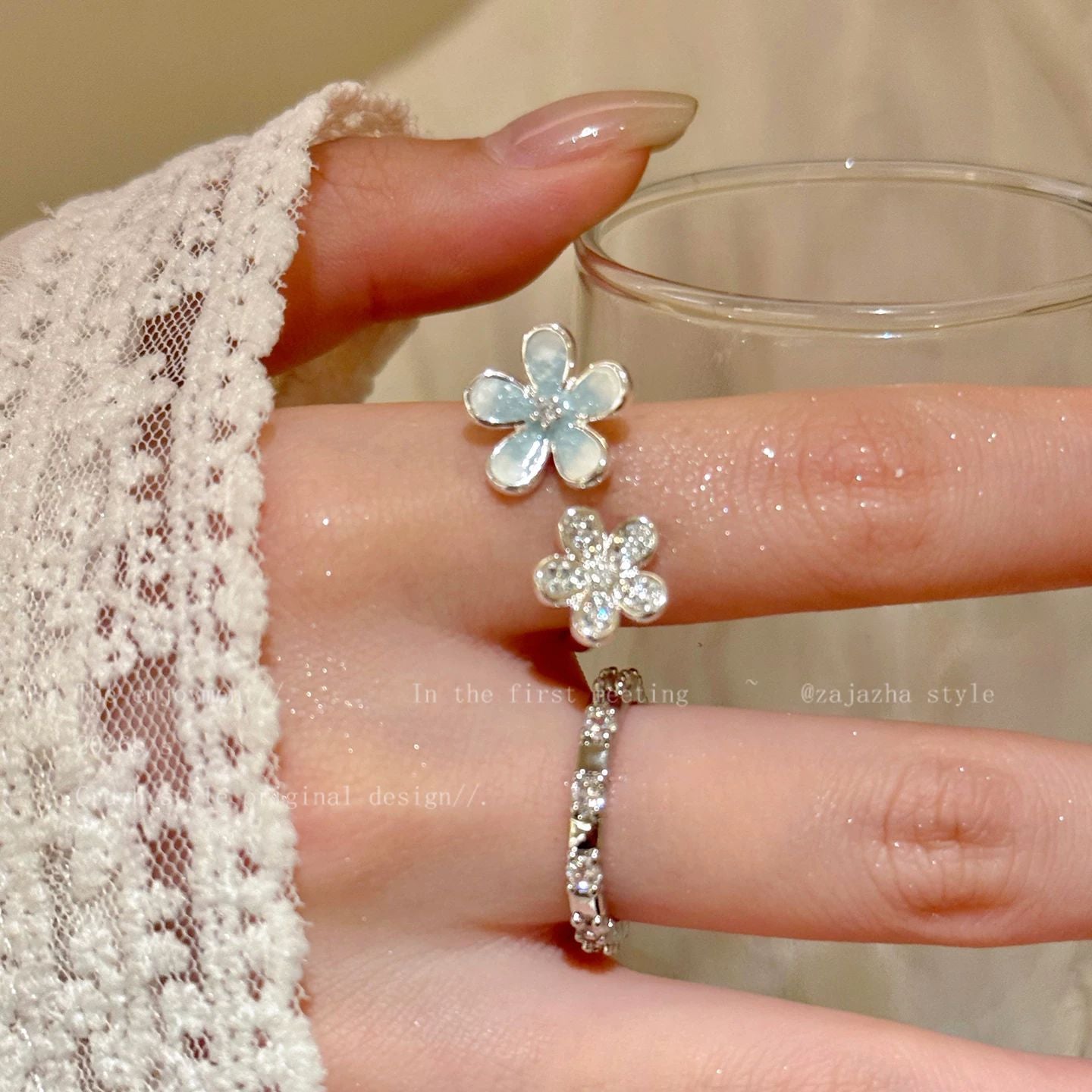 Wholesale Blue Floral Drip Glaze Ring Copper Adjustable Open Ring For Women Nature Fashion Accessory Boutique Resale