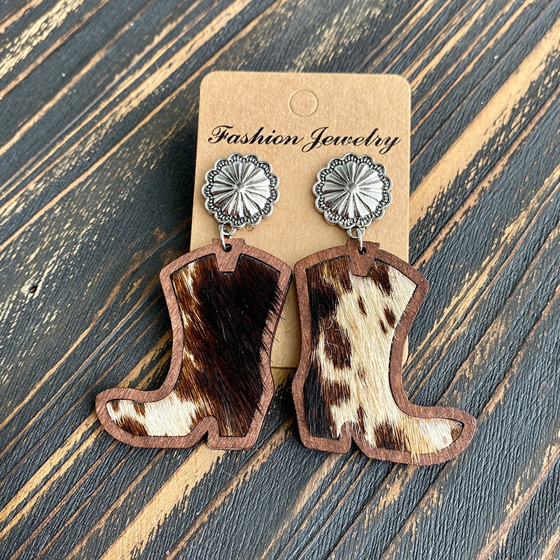 Wholesale Western Denim boots earrings  leopard leather  earrings