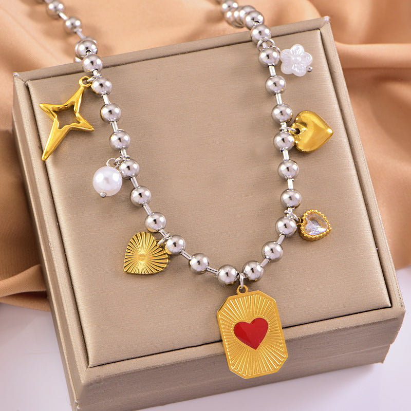 Wholesale Stainless steel two-color mix-and-match beaded thick necklace