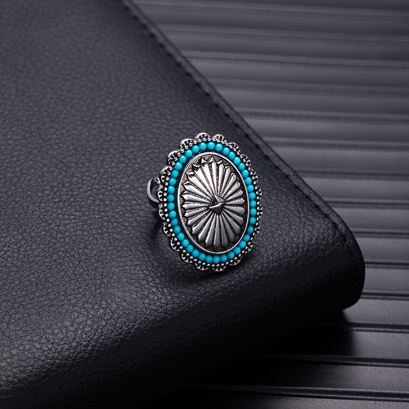 Wholesale Retro Bohemian Silver Flower Imitation Turquoise Ring - Fashion Accessory for Boutique Resale